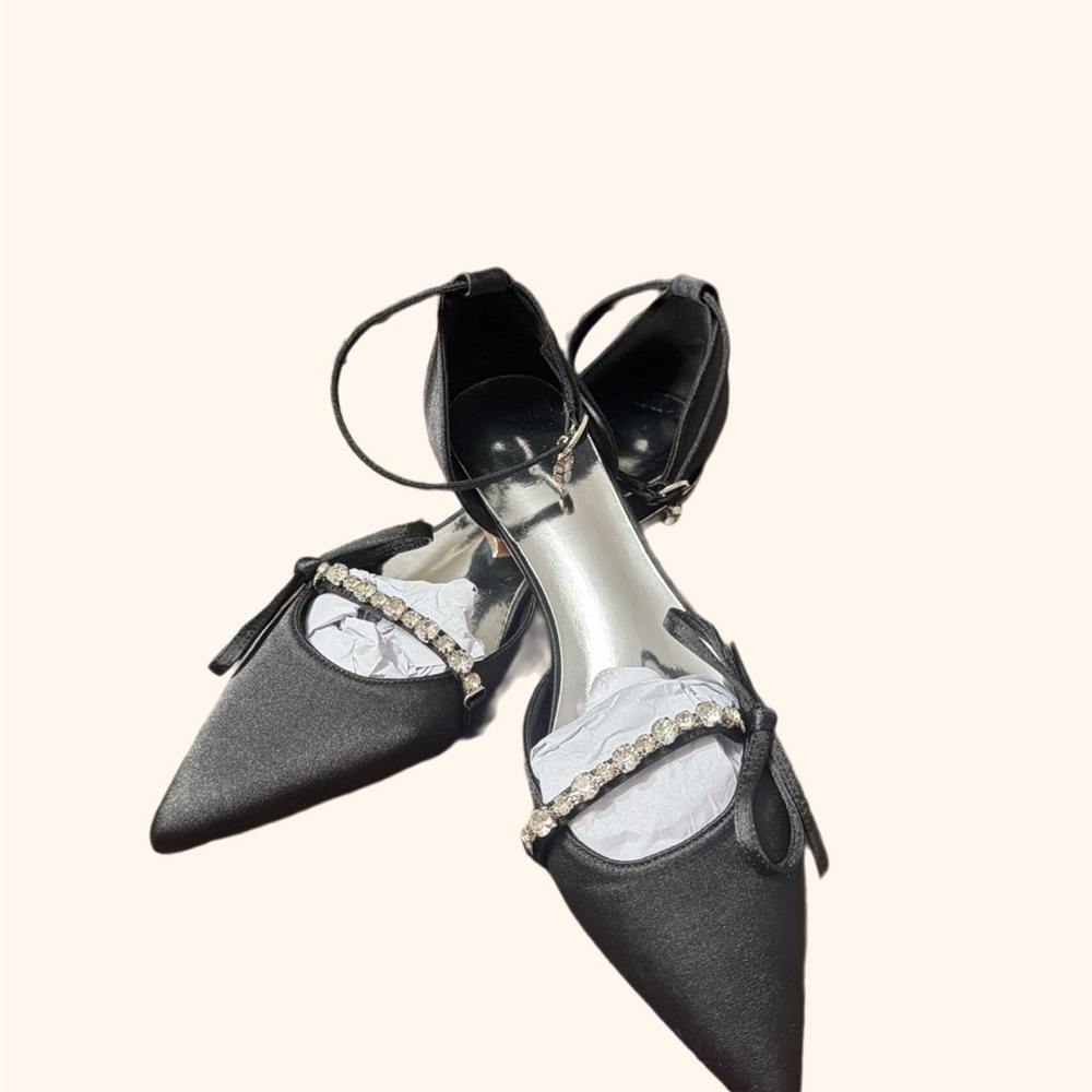 Pointed Black Satin Ankle-Strap Heels with Rhinestone Band